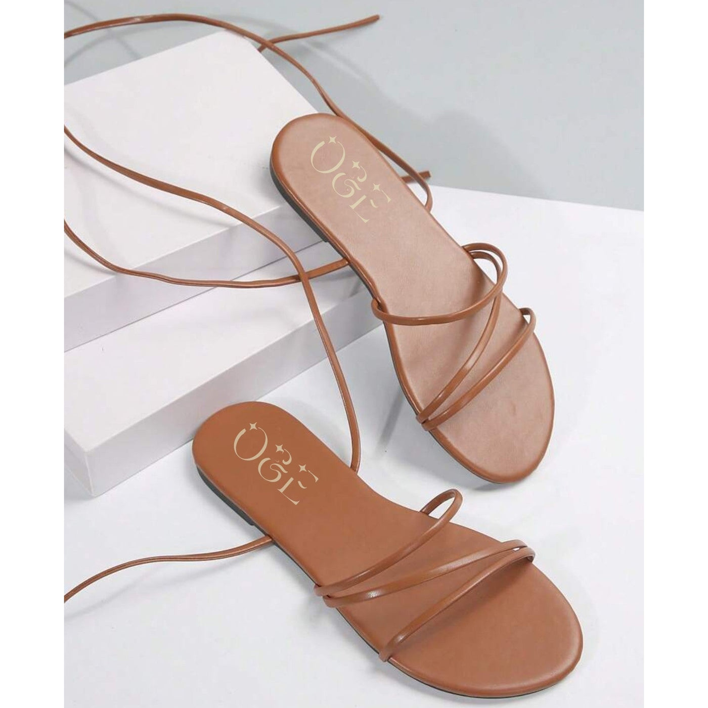 O&E Brown Tan Lace-up Flats for Summer | Party Wear Sandal for Women | Padded and Anti-Slip TPR Sole