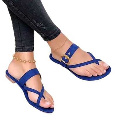 O&E Dark Blue Padded Flats for Women - Summer ease with Golden Buckle Embellishment, Open Back & Toe Sandal