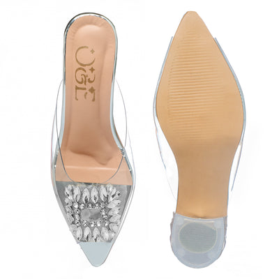 O&E Open-Toe Transparent Block High Heels Sandals For Girls and Women with Silver Stones || Padded Heel Sandals || Heels for Short Height Girls