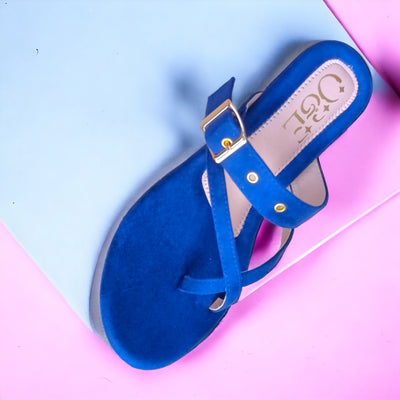 O&E Dark Blue Padded Flats for Women - Summer ease with Golden Buckle Embellishment, Open Back & Toe Sandal