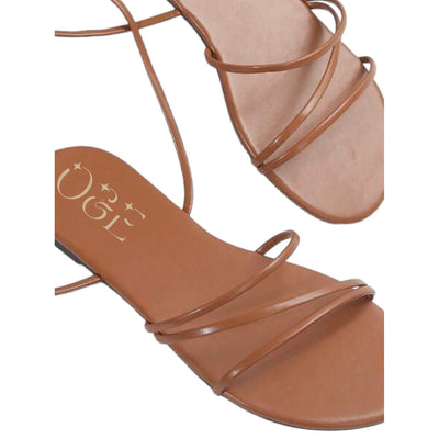 O&E Brown Tan Lace-up Flats for Summer | Party Wear Sandal for Women | Padded and Anti-Slip TPR Sole