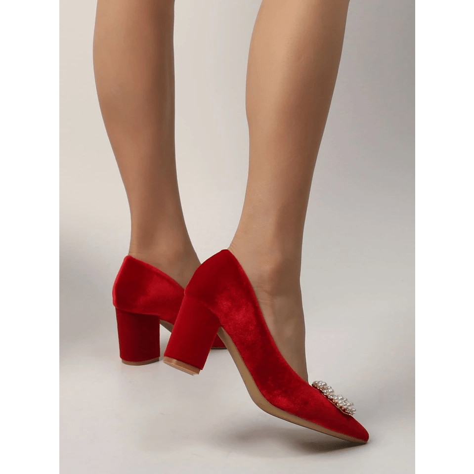 O&E Red High Block Heel Bellies with Elegant White Stone Embellishments and Golden Clamp - Stylish Pointed Toe Women's Bellies for Unmatched Glamour | red heels for women