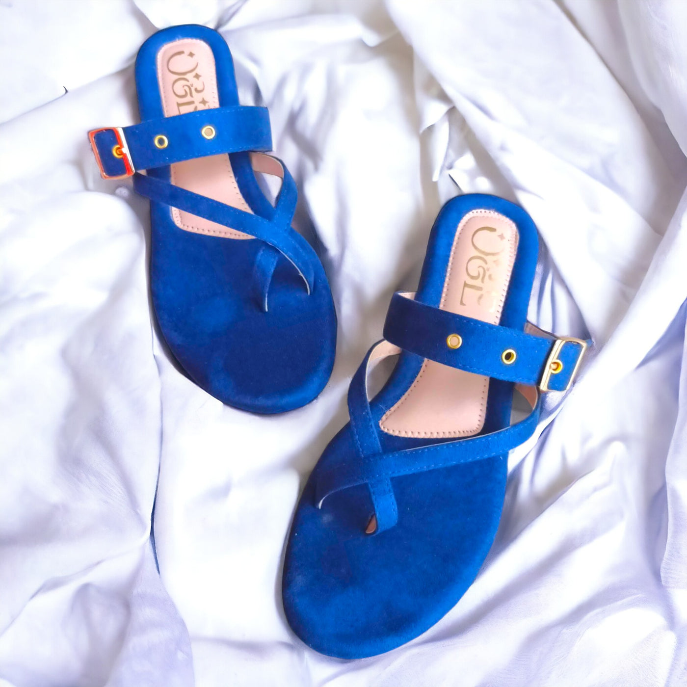 O&E Dark Blue Padded Flats for Women - Summer ease with Golden Buckle Embellishment, Open Back & Toe Sandal