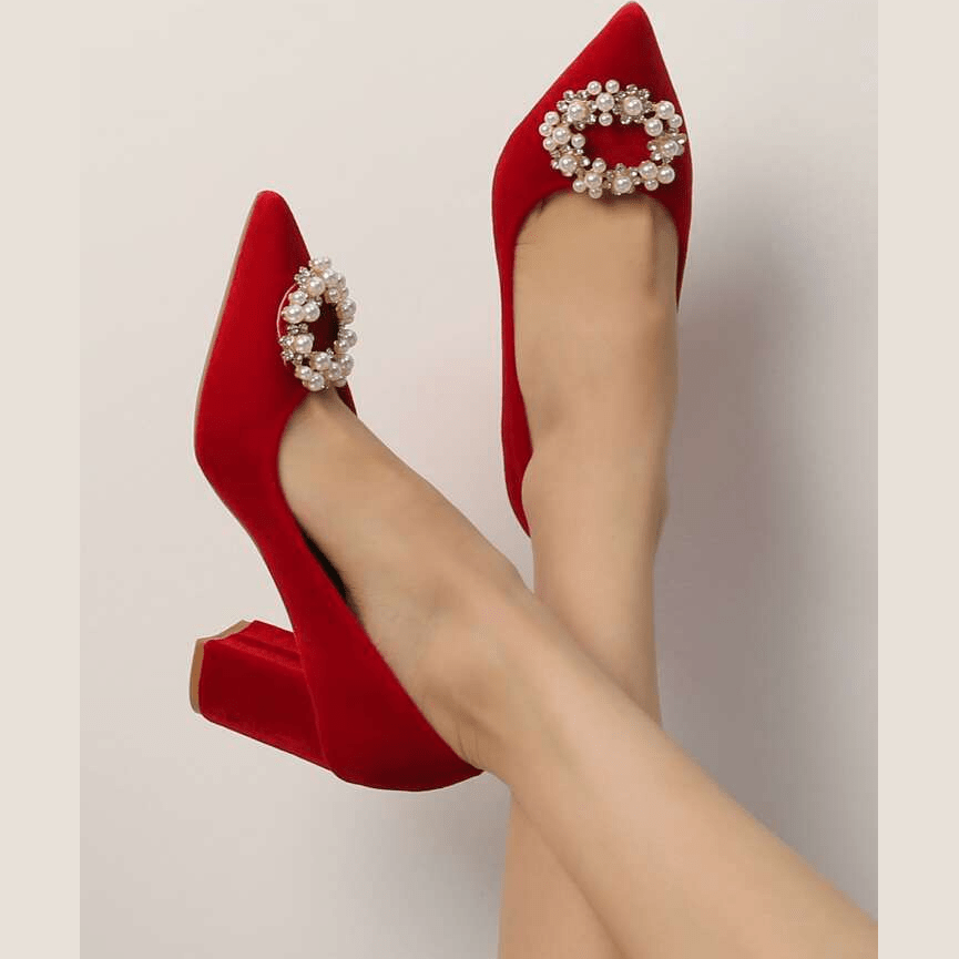 O&E Red High Block Heel Bellies with Elegant White Stone Embellishments and Golden Clamp - Stylish Pointed Toe Women's Bellies for Unmatched Glamour | red heels for women