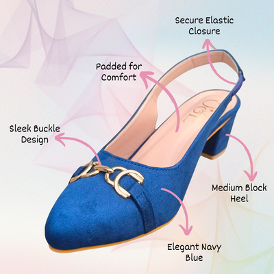 O&E Women's Navy Blue Block Low Heels with Elastic Closure | Buckle Embellishment Padded Heeled Bellies