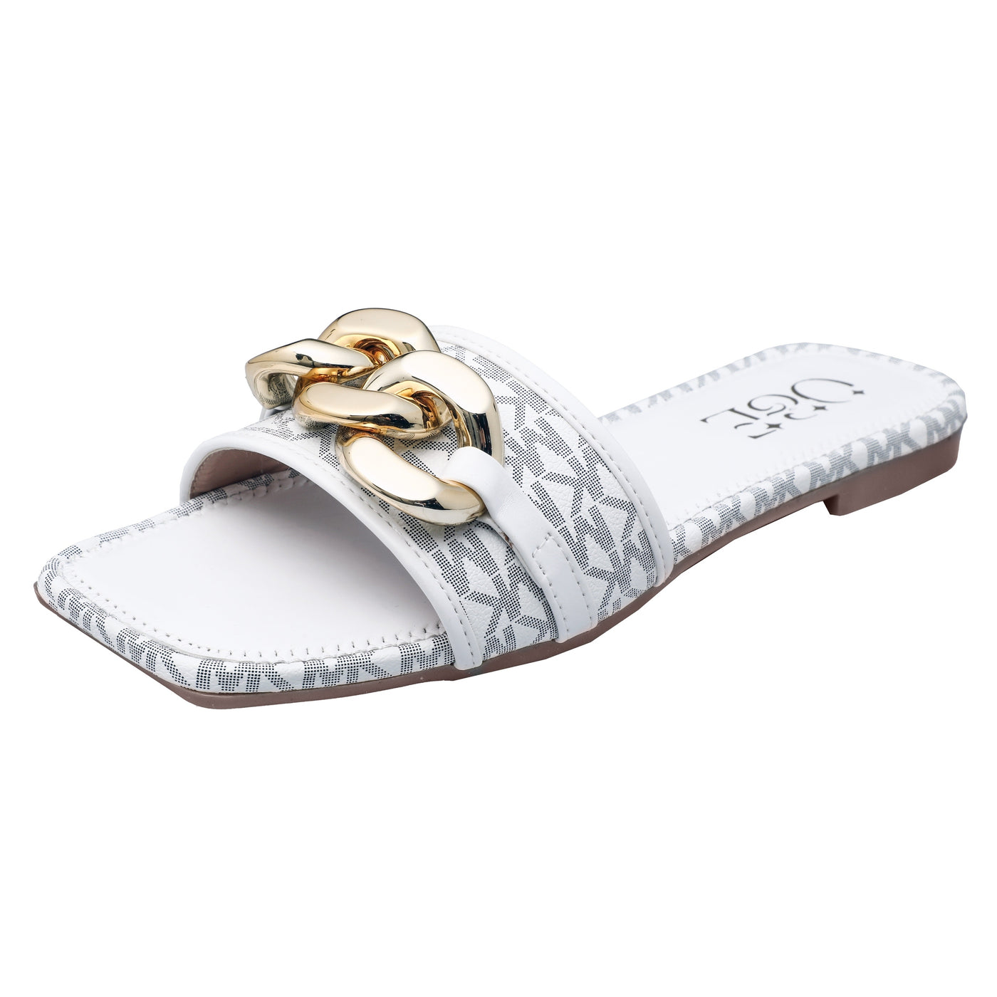 O&E White Padded Summer Open Toe Flats Flip Flop | Office & Casual Wear Flats Sandal Women with Golden Chain Embellishment