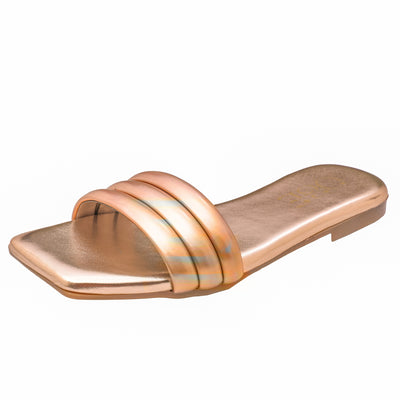 O&E Gold Padded Summer Flats: Women's Wear Sandals | Shiny Flats for Traditional Attire | Solid Colorblocked | Glittery Finish