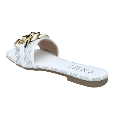 O&E White Padded Summer Open Toe Flats Flip Flop | Office & Casual Wear Flats Sandal Women with Golden Chain Embellishment