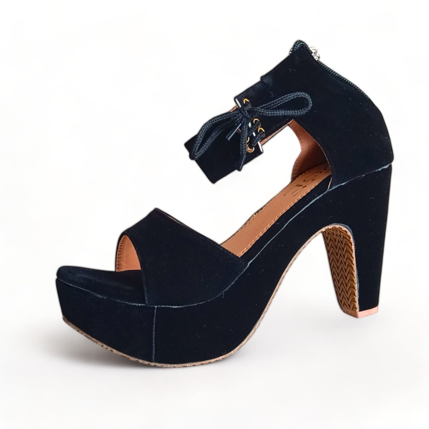 O&E Black Block Heel Open Toe | Back Zip Closure | Heels for Short Height Girls and Women | High Heels