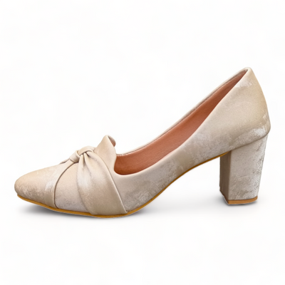 O&E Beige Formal Heeled Bellies - Anti Slip Sheet Sole, Comfortable Block High Heels, Padded Heels for Women | Closed Back