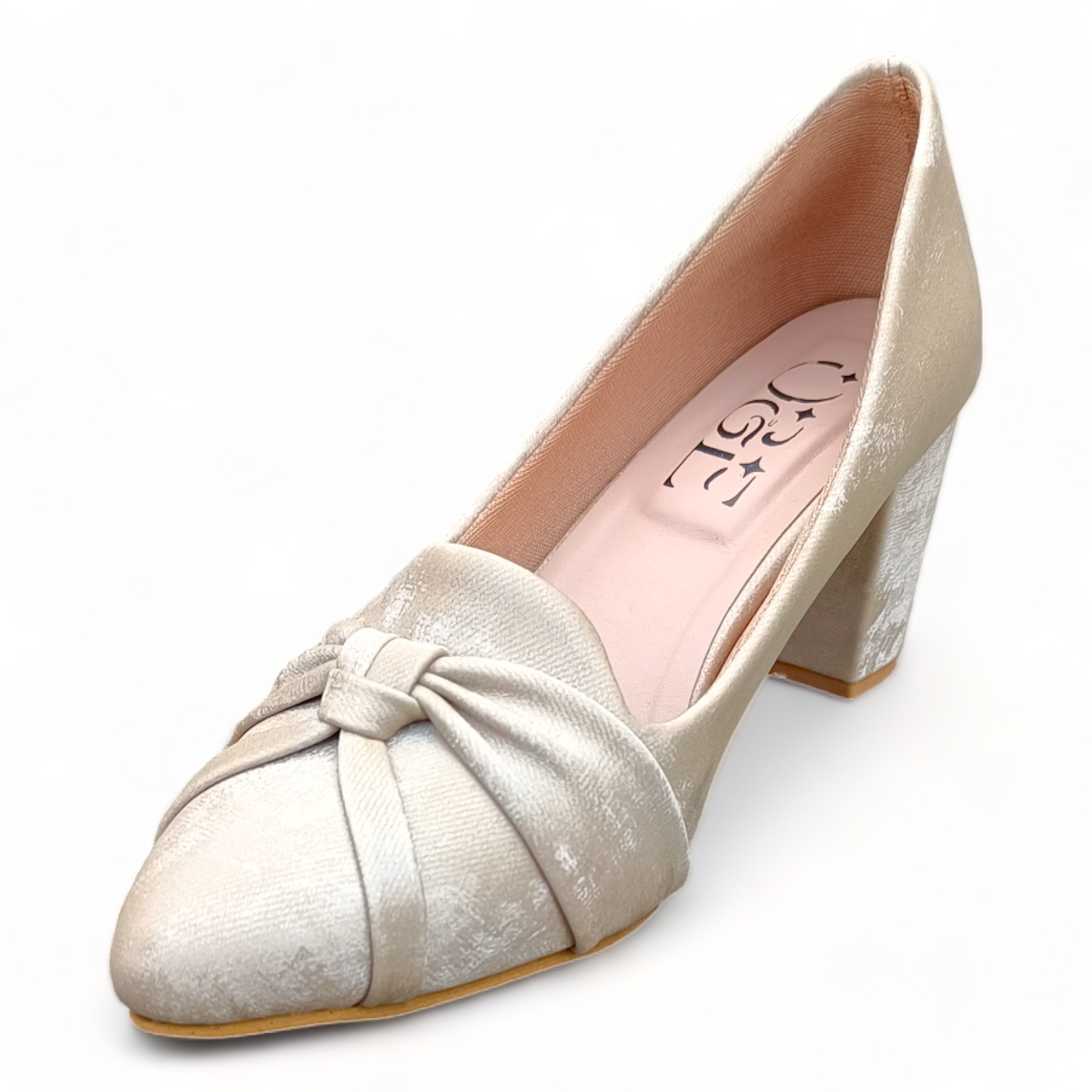 O&E Beige Formal Heeled Bellies - Anti Slip Sheet Sole, Comfortable Block High Heels, Padded Heels for Women | Closed Back