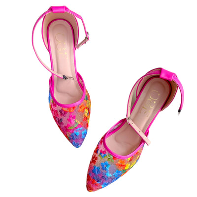 O&E Dark Pink Floral Embroidered Pump Heels for Party Wear - Ankle Strap Closure , Lightweight Sandals | Closed Back | Medium Heels