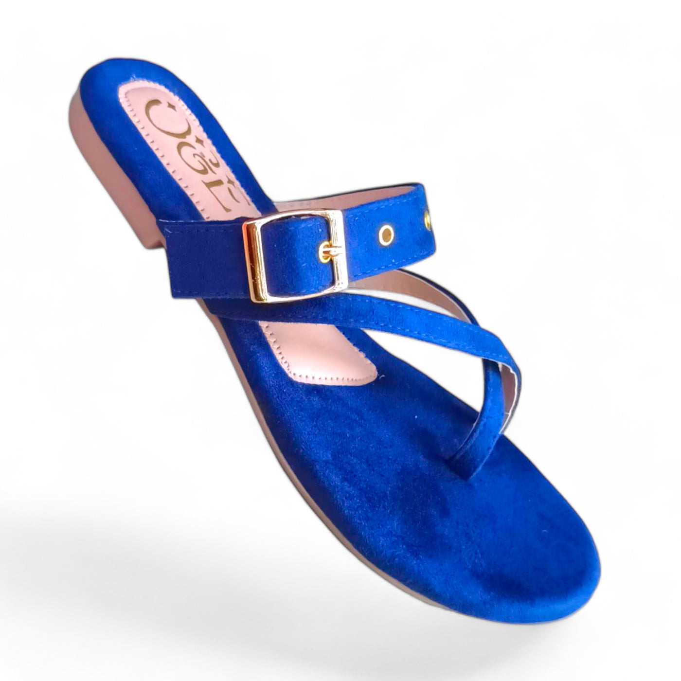 O&E Dark Blue Padded Flats for Women - Summer ease with Golden Buckle Embellishment, Open Back & Toe Sandal