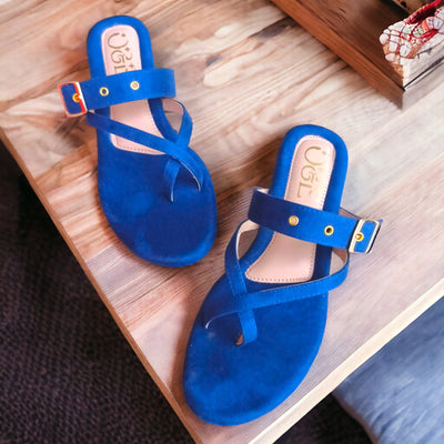 O&E Dark Blue Padded Flats for Women - Summer ease with Golden Buckle Embellishment, Open Back & Toe Sandal