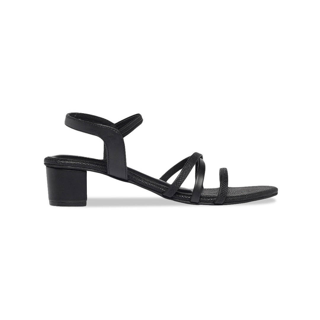 O&E Black Open Toe Formal Padded Heels Sandal with Elastic Closure | Anti-Slip Sole | Low Heels