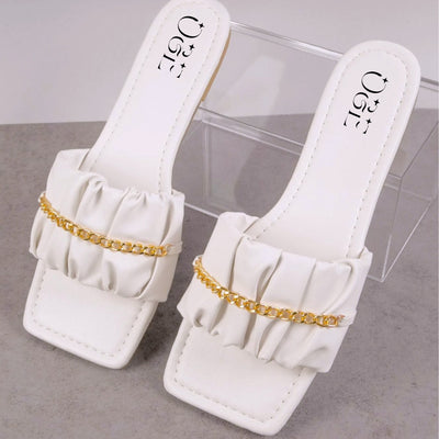 O&E White Flatform Open Toe Sandals with Golden Metal Chain Styling- Casual Square Toe Slides in Ruched Style for Women