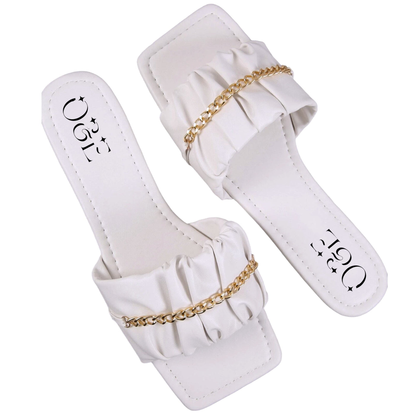 O&E White Flatform Open Toe Sandals with Golden Metal Chain Styling- Casual Square Toe Slides in Ruched Style for Women