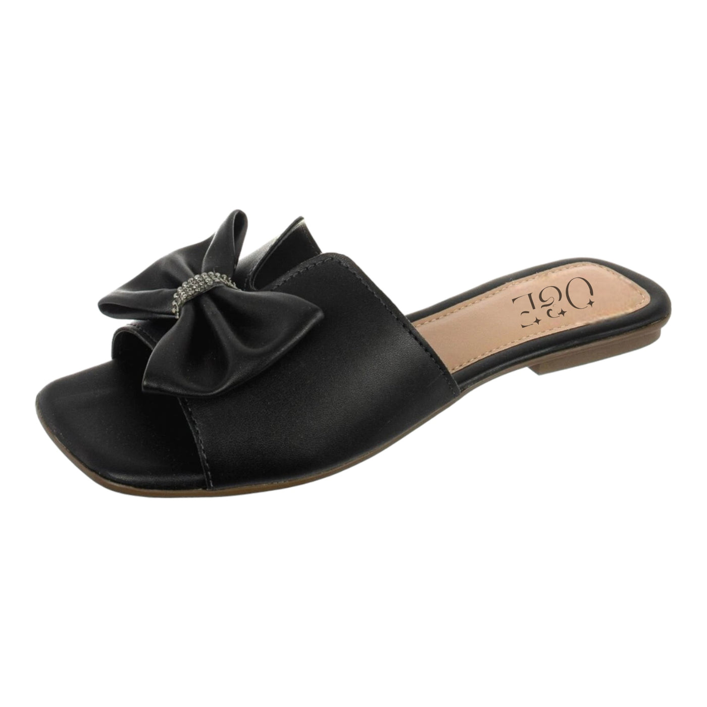 O&E Black Open Toe Flats with Bow - Chic Square Toe Slides for Women, Casual Flats with Trendy Bow